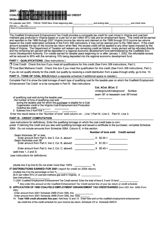 Form 306 - Coalfield Employment Enhancement Tax Credit - 2001 Printable pdf