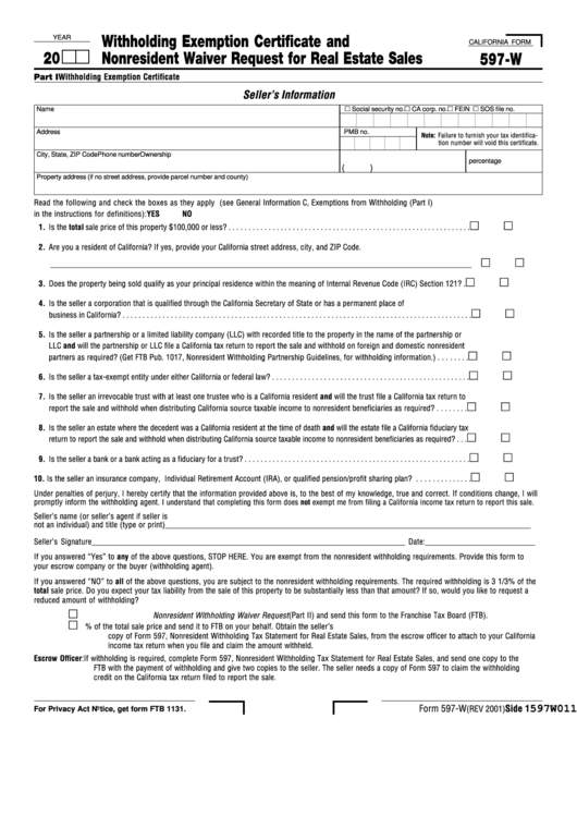 Fillable California Form 597-W - Withholding Exemption Certificate And Nonresident Waiver Request For Real Estate Sales Printable pdf
