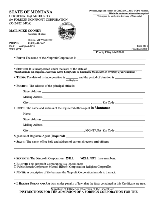 Form Fn-1 - Certificate Of Authority For Foreign Nonprofit Corporation Printable pdf
