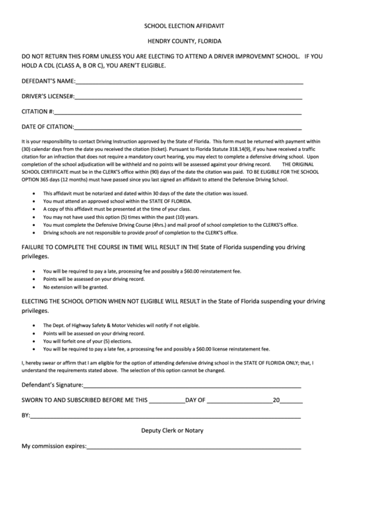 School Election Affidavit Form - Hendry County, Florida Printable pdf