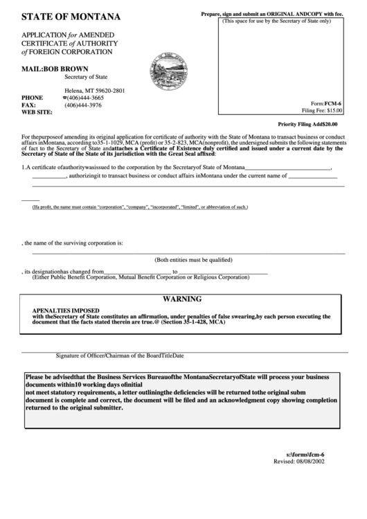 Form:fcm-6 - Application For Amended Certificate Of Authority Of Foreign Corporation Printable pdf