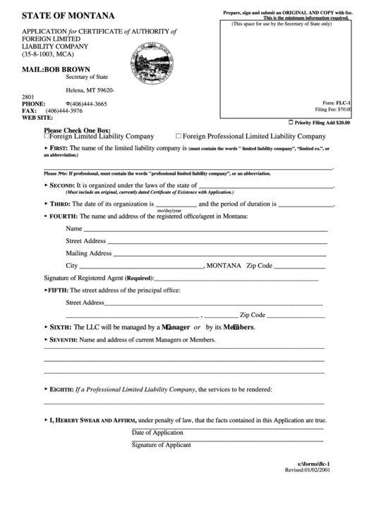 Form Flc-1 - Application For Certificate Of Authority Of Foreign Limited Liability Company Printable pdf