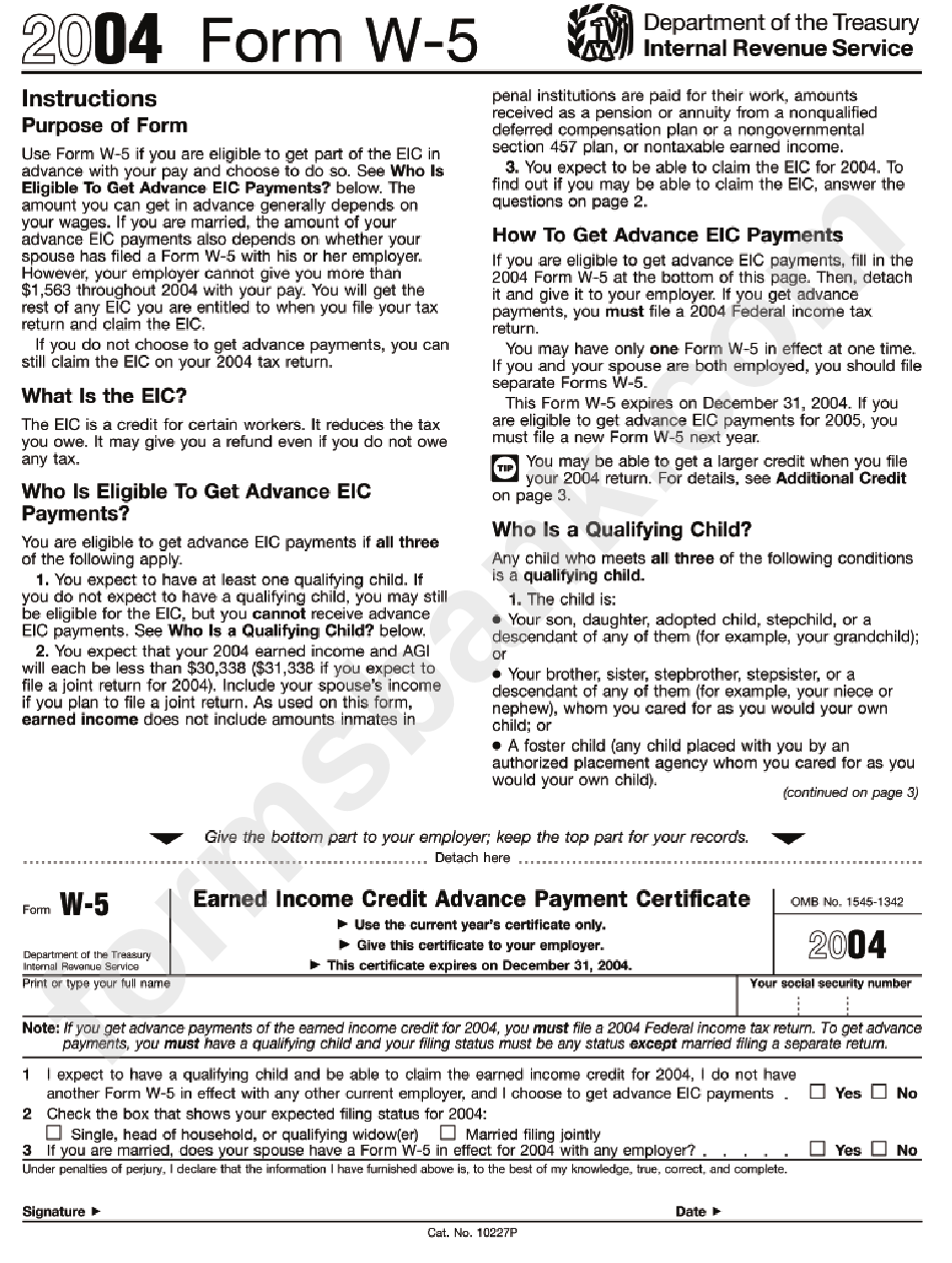 Form W-5 - Earned Income Credit Advance Payment Certificate 2004
