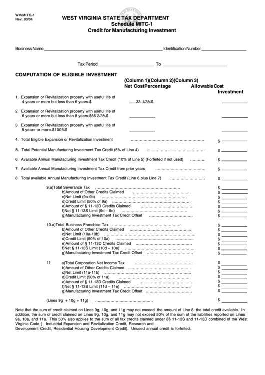 Form Wv/mitc-1 - Credit For Manufacturing Investment March 2004 Printable pdf