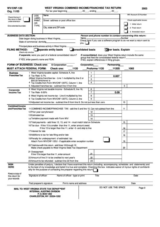 Form Wv/cnf-120 - West Virginia Combined Income/franchise Tax Return - 2003 Printable pdf