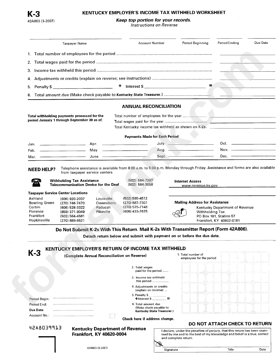 Form K3 Kentucky Employer'S Tax Withheld Worksheet Kentucky