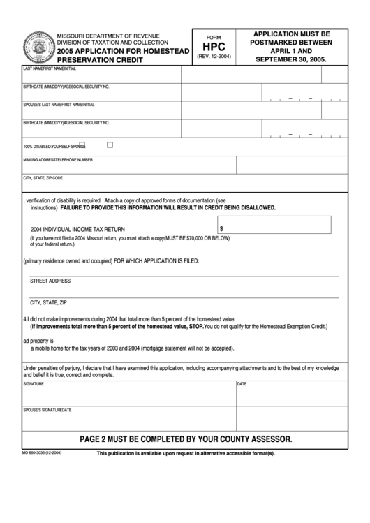 Fillable Form Hpc - 2005 Application For Homestead Preservation Credit - Missouri Department Of Revenue Printable pdf