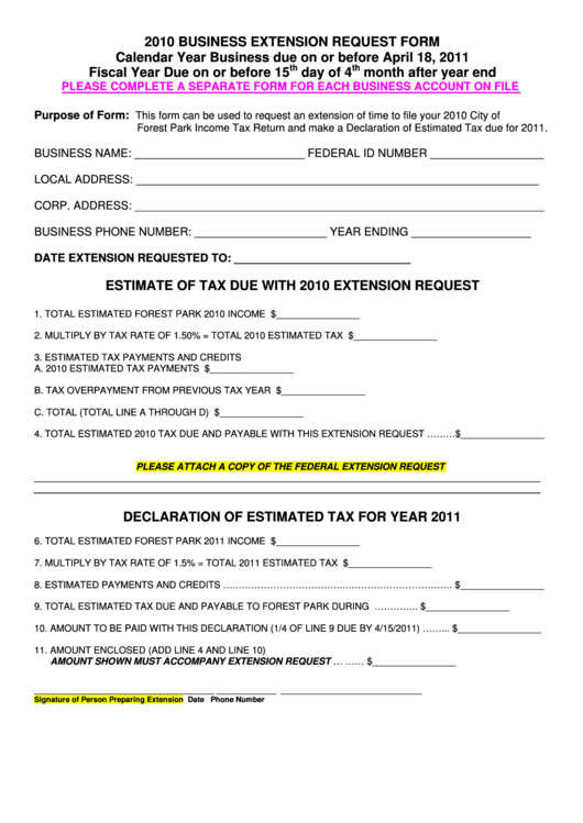 Business Extension Request Form 2010 printable pdf download
