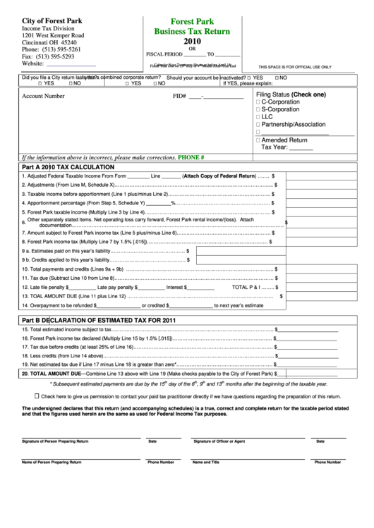 Business Tax Return Form - City Of Forest Park Income Tax Division - 2010 Printable pdf