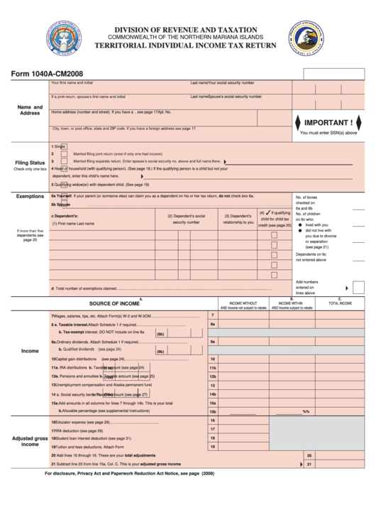 Fillable Form 1040a-Cm/os-3405a - Territorial Individual Income Tax Return 2008 Printable pdf