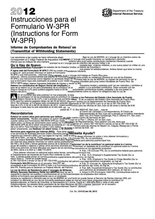 Instructions For Form W-3pr (Spanish) - 2012 Printable pdf