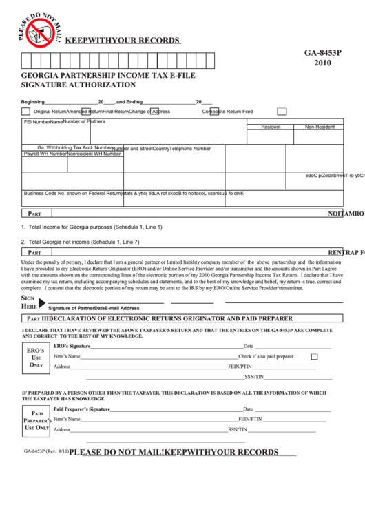 Form Ga-8453p - Georgia Partnership Income Tax E-File Signature Authorization - 2010 Printable pdf