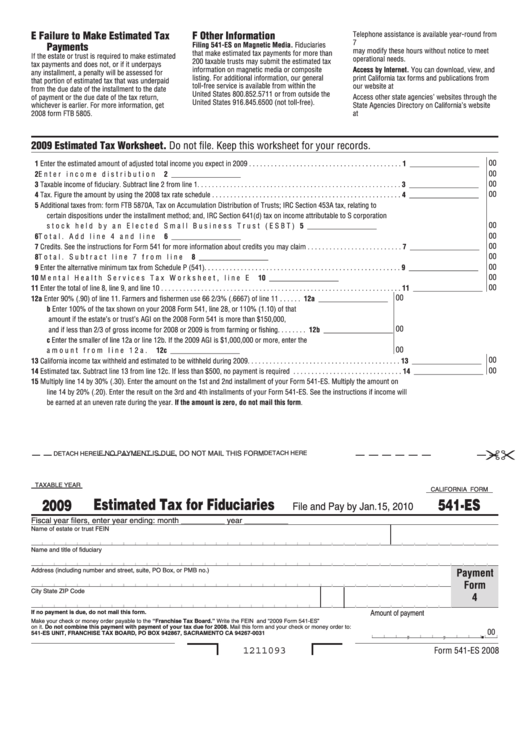 Fillable California Form 541-Es - Estimated Tax For Fiduciaries - 2009 Printable pdf