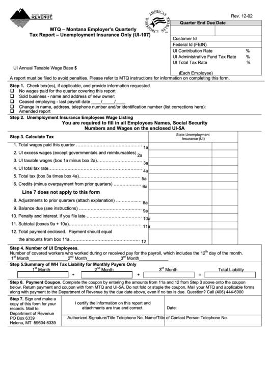 Form Ui-107 - Mtq - Montana Employer'S Quarterly Tax Report ...