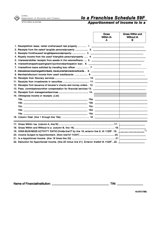 Form 10wa Iowa Franchise Schedule 59f Iowa printable pdf download