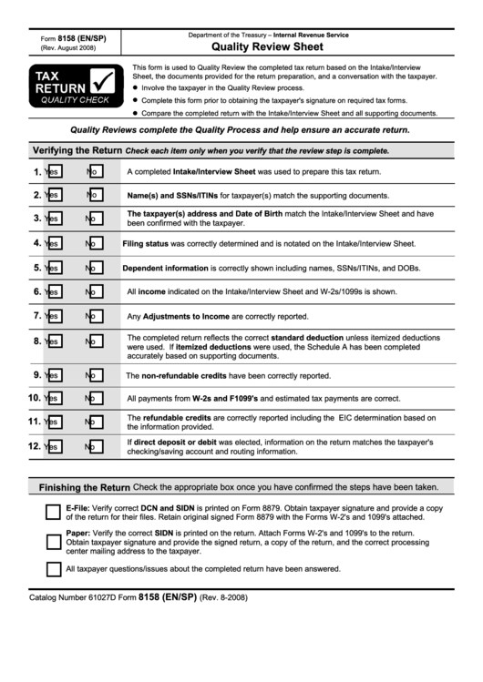 Form 8158 - Quality Review Sheet Printable pdf