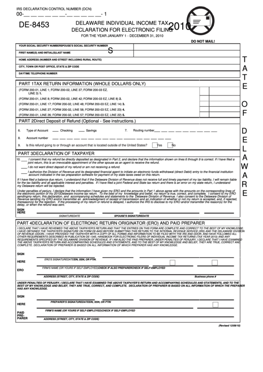 Fillable Form De-8453 - Delaware Individual Income Tax - Declaration For Electronic Filing - 2010 Printable pdf