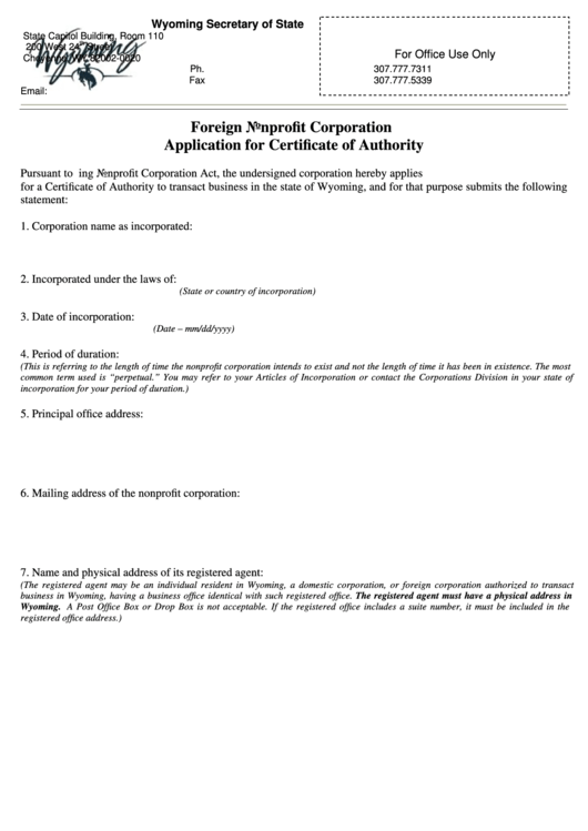 Fillable Fnc Application For Certificate Of Authority - Wyoming Secretary Of State, Consent To Appointment By Registered Agent - Wyoming Secretary Of State Printable pdf
