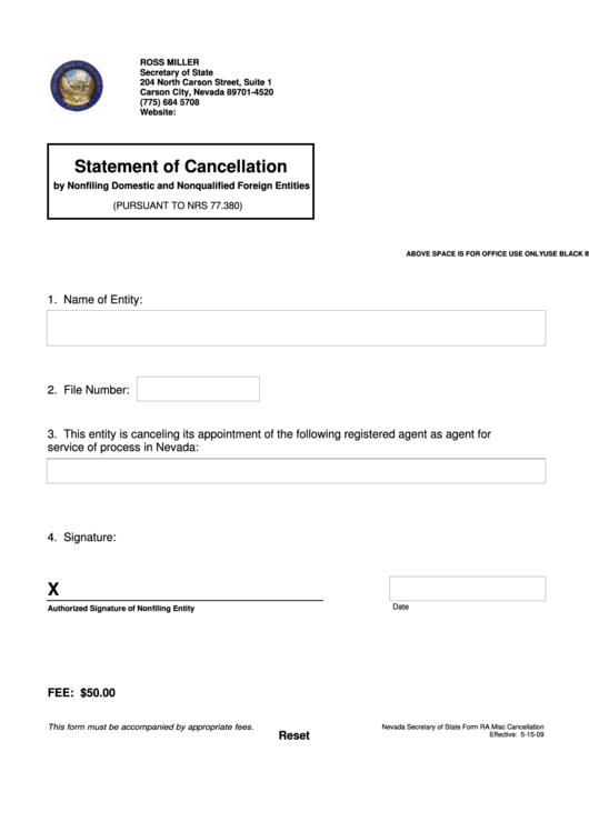Fillable Statement Of Cancellation Form 2009 Printable pdf