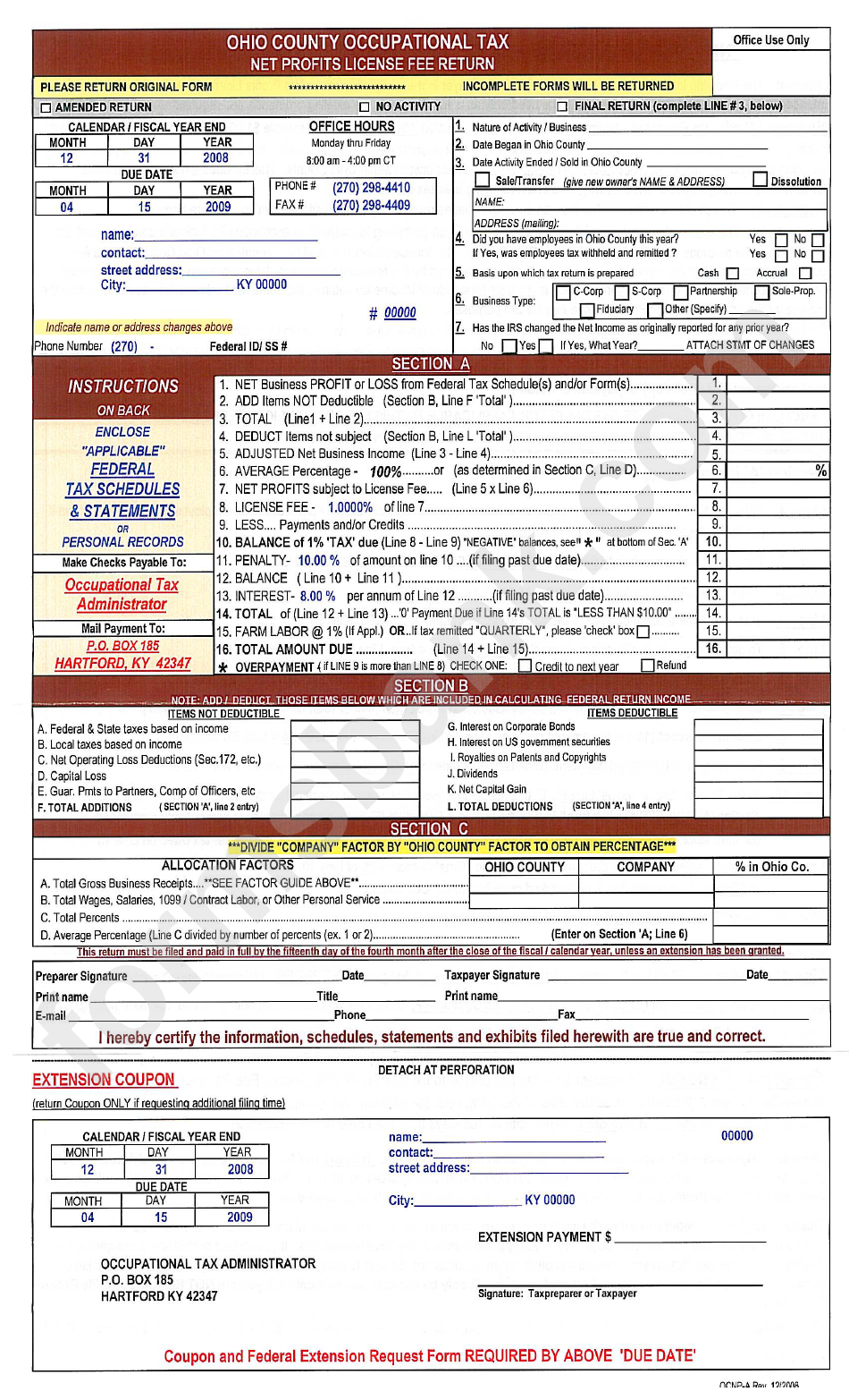 Form Ocnp-A - Ohio County Occupational Tax Net Profits License Fee Return Form December 2008