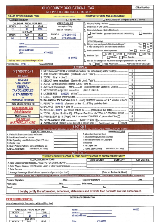 Form Ocnp-A - Ohio County Occupational Tax Net Profits License Fee Return Form December 2008 Printable pdf
