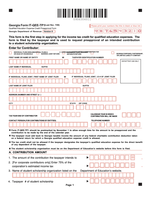 Fillable Form It-Qee-Tp1 - Qualified Education Expense Credit Preapproval July 2009 Printable pdf