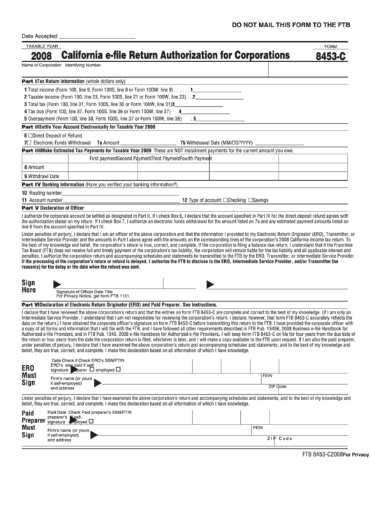 Fillable Form 8453-C - California E-File Return Authorization For Corporations - 2008 Printable pdf