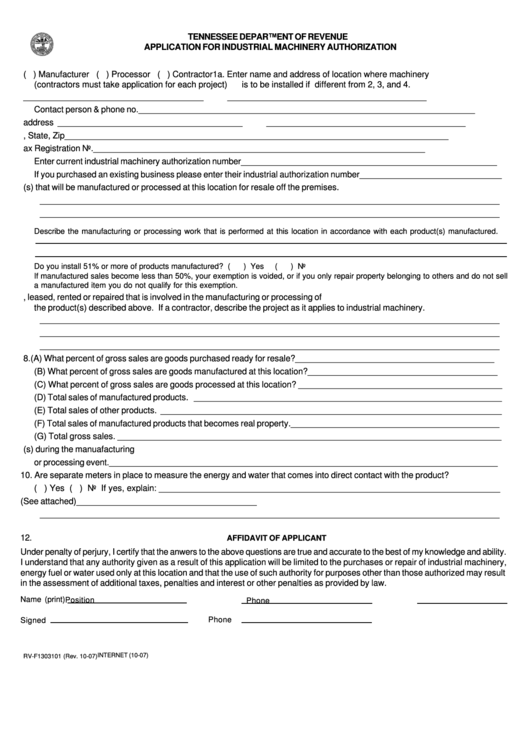 Form Rv-F1303101 - Application For Industrial Machinery Authorization ...