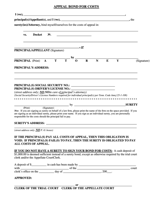 Appeal Bond For Costs Form Printable pdf