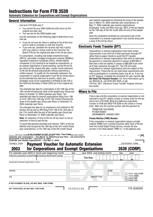 California Form 3539 (Corp) - Payment Voucher For Automatic Extension For Corporations And Exempt Organizations - 2003 Printable pdf
