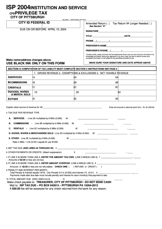 Form Isp - Institution And Service Privilege Tax - City Of Pittsburgh - 2004 Printable pdf