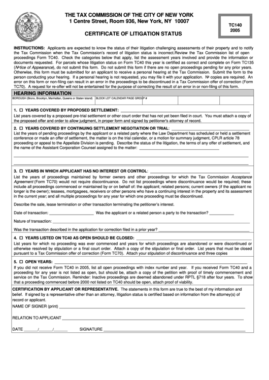 Form Tc140 - Certificate Of Litigation Status - 2005 Printable pdf