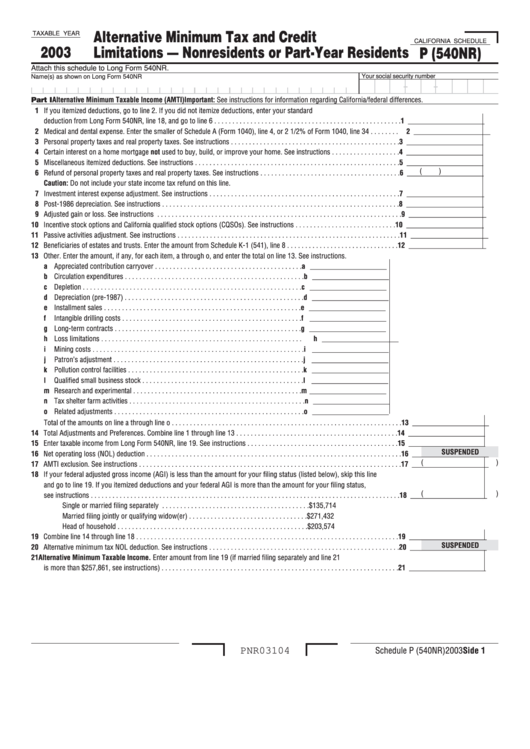 California Schedule P (540nr) - Alternative Minimum Tax And Credit Limitations Nonresidents Or Part-Year Residents - 2003 Printable pdf