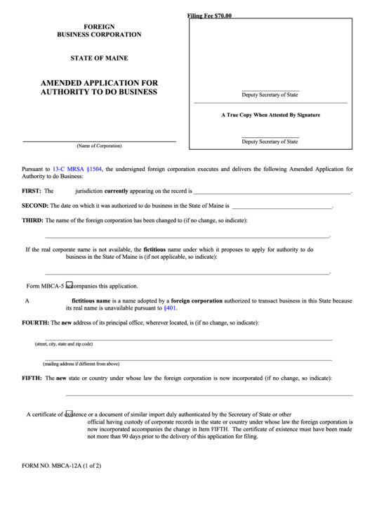 Fillable Form Mbca-12a - Amended Application For Authority To Do Business - 2003 Printable pdf