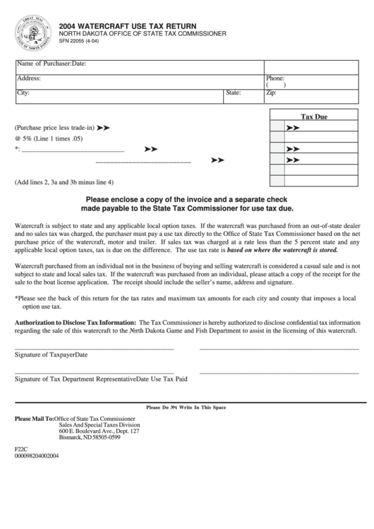 Fillable Form F22c - Watercraft Use Tax Return - 2004 Printable pdf