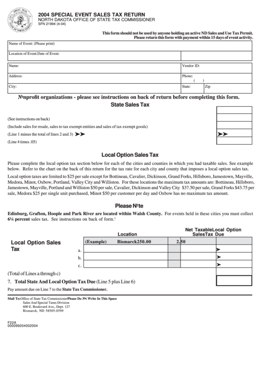 Fillable Form Sfn 21994 - Special Event Sales Tax Return North Dakota Office Of State Tax Commissioner - 2004 Printable pdf