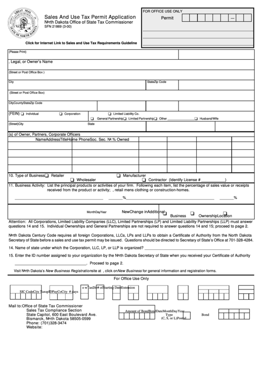 Fillable Form Sfn 21869 - Sales And Use Tax Permit Application - 2000 Printable pdf