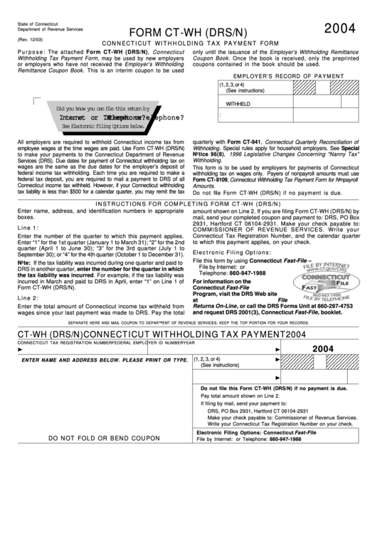 Form Ct-Wh (Drs/n) - Connecticut Withholding Tax Payment Form - 2004 Printable pdf