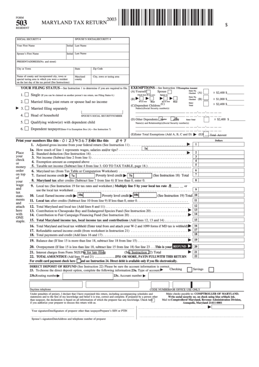 Fillable Form 503 Resident - Maryland Tax Return - 2003 Printable pdf