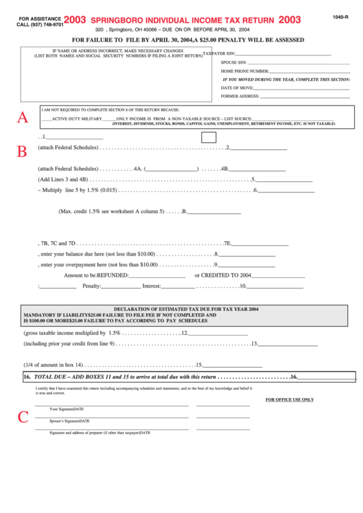 Form 1040-R - Springboro Individual Income Tax Return - 2003 Printable pdf