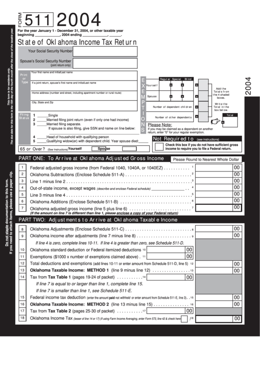 Form 511 State Of Oklahoma Tax Return 2004 printable pdf
