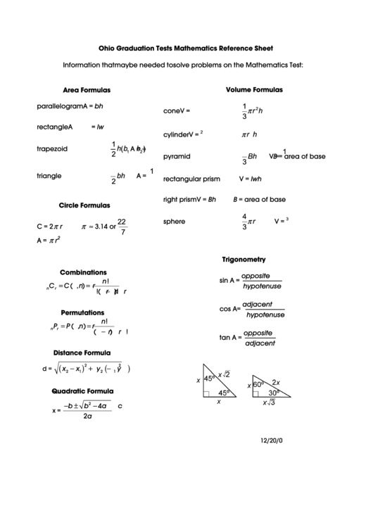 Ohio Graduation Tests Mathematiocs Reference Sheet Printable pdf