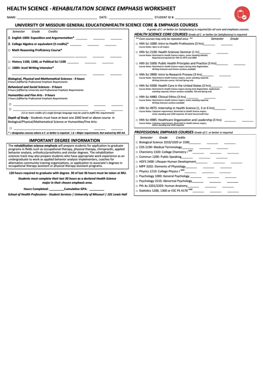 Health Science - Rehabilitation Science Emphasis Worksheet Printable pdf
