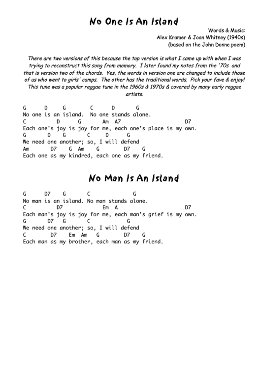 Alex Kramer & Joan Whitney - No One Is An Island Guitar Chord Chart Printable pdf