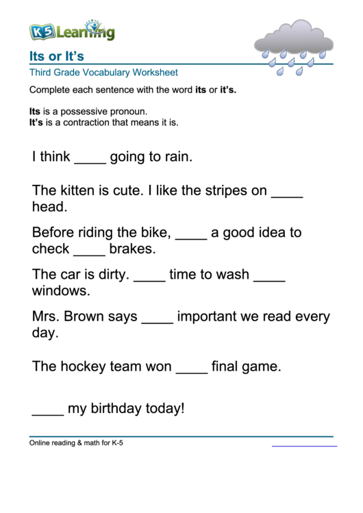 Its Or It'S - Third Grade Vocabulary Worksheet printable pdf download