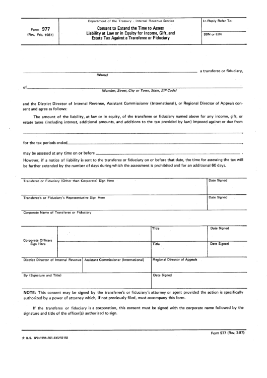 Form 977 - Consent To Extend The Time To Assess Liability At Law Or In Equity For Income, Gift, And Estate Tax Against A Transferee Or Fiduciary Printable pdf