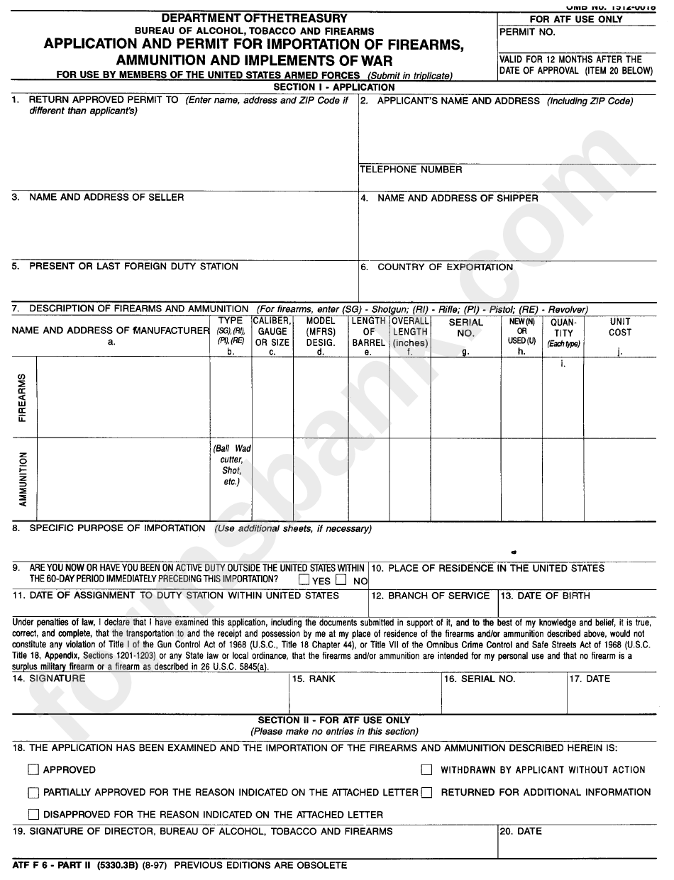 Form Atf F 6 - Part Ii - Application And Permit For Importation Of Firearms, Ammunition And Implements Of War