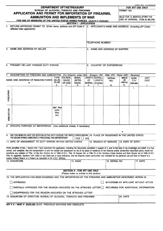 Form Atf F 6 - Part Ii - Application And Permit For Importation Of Firearms, Ammunition And Implements Of War Printable pdf