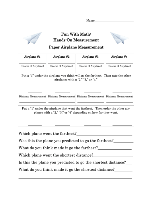 Fun With Math - Hands-On Measurement Paper Airplane Measurement Instruction Printable pdf