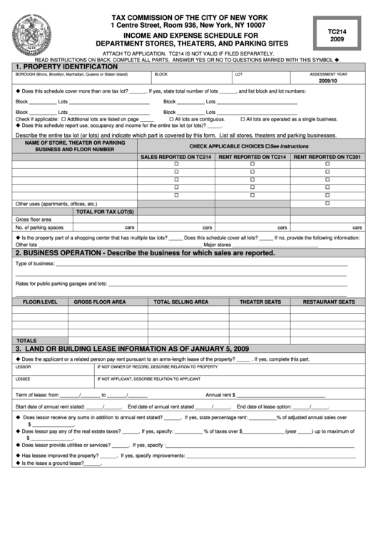 Form Tc214 - Income And Expense Schedule For Department Stores, Theaters, And Parking Sites - 2009 Printable pdf